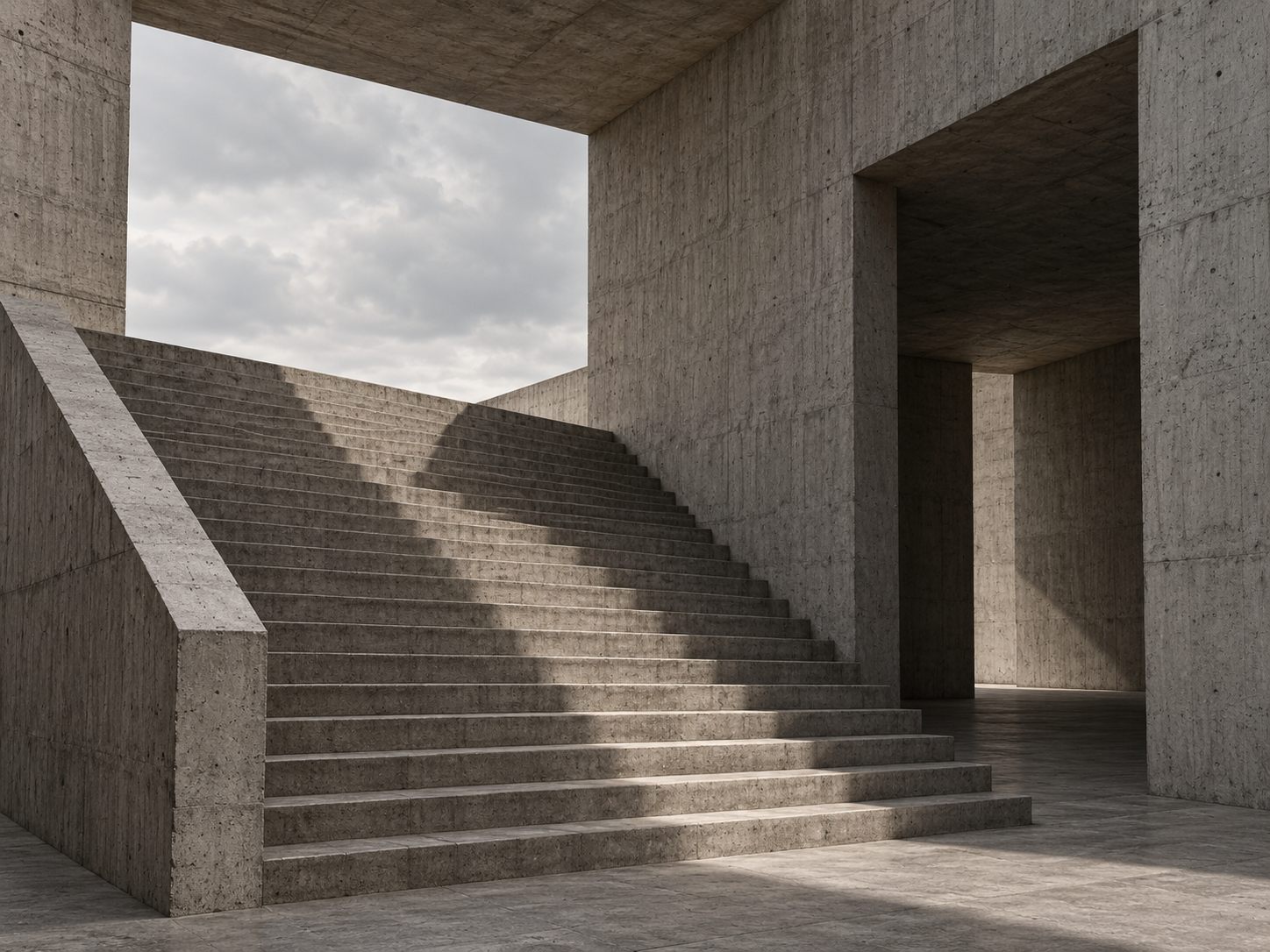 Espacio arquitectónico de concreto con luz y sombra.